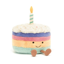 Load image into Gallery viewer, Jellycat Amuseables Rainbow Birthday cake Plush toy cake with a candle on a white background