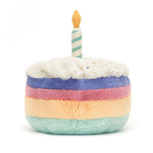 Load image into Gallery viewer, Jellycat Amuseables Rainbow Birthday cake Plush toy shaped like a birthday cake with a candle on a white background