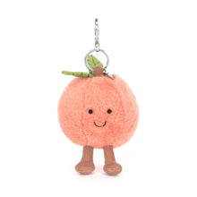 Load image into Gallery viewer, Jellycat Amuseables Plush peach keychain with a smiling face on a white background