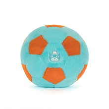 Load image into Gallery viewer, Jellycat Amuseables Football Plush toy resembling a soccer ball with orange and teal colors on a white background