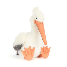 Load image into Gallery viewer, Jellycat Keli Pelican Plush pelican toy with a white body, orange beak, and feet on a white background