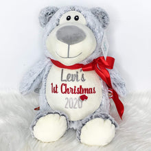 Load image into Gallery viewer, Personalised Silver Grey Bear Cubby for levis first christmas 202 in grey and red emvbroidery thread
