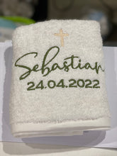 Load image into Gallery viewer, Personalised baptism christening towel for Sebastian