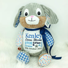 Load image into Gallery viewer, Personalised Harlequin Bunny Cubby Blue
