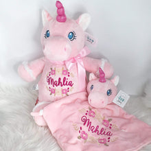 Load image into Gallery viewer, Personalised Pink Unicorn Cubby with pink embroidery and floral accents