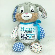 Load image into Gallery viewer, Personalised Harlequin Bunny Cubby Blue
