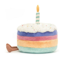 Load image into Gallery viewer, Jellycat Amuseables Rainbow Birthday cake Multicolored plush toy shaped like a birthday cake with a candle on a white background
