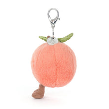 Load image into Gallery viewer, Jellycat Amuseables Plush peach keychain with legs and a stem on a white background

