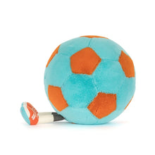 Load image into Gallery viewer, Jellycat Amuseables Football Plush toy resembling a soccer ball with orange and blue patterns on a white background
