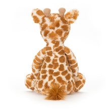Load image into Gallery viewer, Jellycat Bashful Stuffed giraffe toy with brown and white pattern on a white background back view
