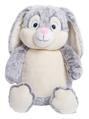 Plush toy rabbit with gray fur and white face on a white background