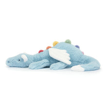 Load image into Gallery viewer, Blue plush Jellycat dragon toy with colorful accents on a white background
