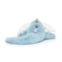 Load image into Gallery viewer, Blue plush Jellycat dragon toy with colorful accents on a white background

