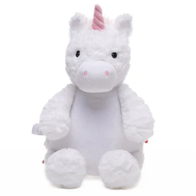 Plush unicorn toy with a pink horn on a white background