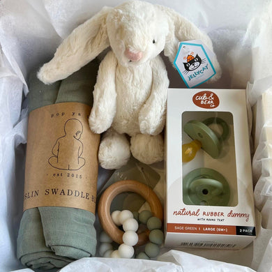New Baby Gift Box - Green with swaddle, jellycat bunny, rubber dummies and beechwood teether