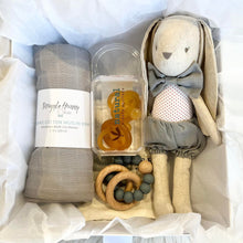 Load image into Gallery viewer, New Baby Gift Box - Grey Alimrose Teether Swaddle Dummies
