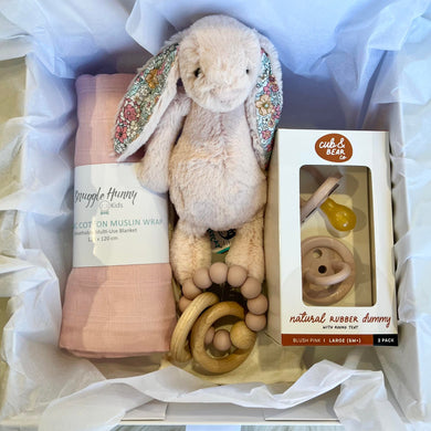 New Baby Gift Box - Musk Jellycat Teether Swaddle Dummies