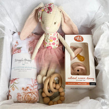 Load image into Gallery viewer, New Baby Gift Box - Floral with swaddle, beechwood teether, alimrose bunny and cub &amp; bear co dummy twin pack
