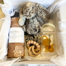Load image into Gallery viewer, New Baby Gift Box - Rust Jellycat Teether Swaddle Dummies
