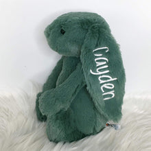 Load image into Gallery viewer, Personalised Jellycat Bashful Bunny - Forest with white thread for Cayden
