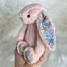 Load image into Gallery viewer, Personalised Jellycat Bashful Bunny SMALL - Blush Blossom with pale blue thread for Esme

