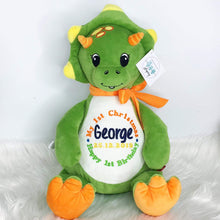 Load image into Gallery viewer, personalised dinosaur teddy for george with orange yelliw green and navy embroidery thread
