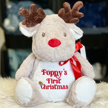 Load image into Gallery viewer, Personalised Red Nose Reindeer teddy bear for poppys first christmas
