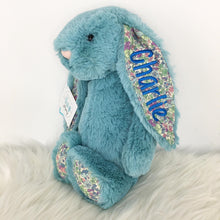 Load image into Gallery viewer, Personalised Jellycat Bashful Bunny - Aqua Blossom bright blue thread
