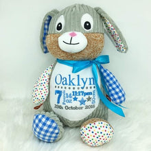 Load image into Gallery viewer, Personalised Harlequin Bunny Cubby Blue
