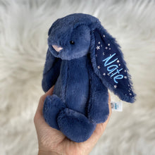Load image into Gallery viewer, Personalised Jellycat Bashful Bunny SMALL - Stardust with baby blue thread for Nate
