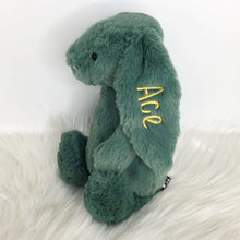 Load image into Gallery viewer, personalised firest green medium jellycat bunny for cole in gold embroidery
