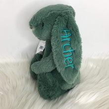 Load image into Gallery viewer, personalised firest green medium jellycat bunny for cole in turquoise embroidery
