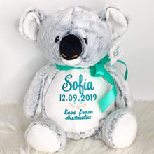 Load image into Gallery viewer, personalised koala plush teddy with turquise embroidery
