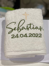 Load image into Gallery viewer, Personalised baptism christening towel for Sebastian
