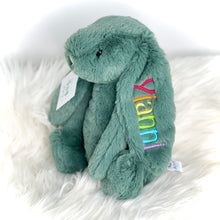 Load image into Gallery viewer, personalised firest green medium jellycat bunny with rainbow embroidery
