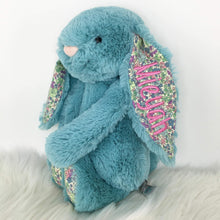 Load image into Gallery viewer, Personalised Jellycat Bashful Bunny Aqua Blossom pink thread
