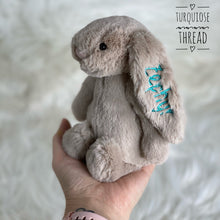 Load image into Gallery viewer, Personalised Jellycat Bashful Bunny SMALL - Beige with turquoise thread for Zephyr
