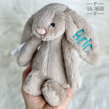 Load image into Gallery viewer, Personalised Jellycat Bashful Bunny SMALL - Beige with teal thread for Arlo
