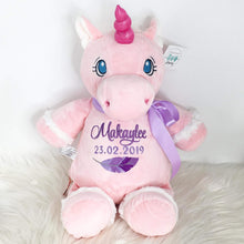 Load image into Gallery viewer, Personalised Pink Unicorn Cubby with purple embroidery and feather
