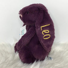 Load image into Gallery viewer, personalised plum purple grape jellycat medium bunny for Leo in gold embroidery thread
