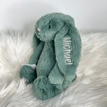 Load image into Gallery viewer, personalised firest green medium jellycat bunny with silver embroidery
