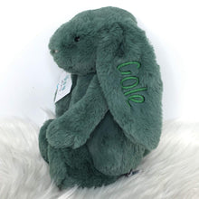 Load image into Gallery viewer, personalised firest green medium jellycat bunny for cole in dark green embroidery
